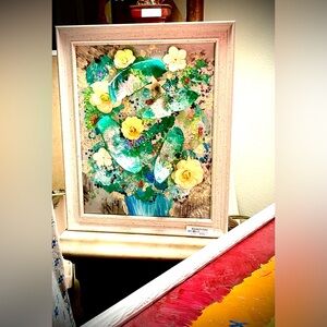Floral Art Piece with Yellow and Green Accents